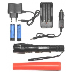 Latarka LED policyjna sygnalizacyjna ładowalna 230 V i 12 V z czerwoną nakładką BL8668